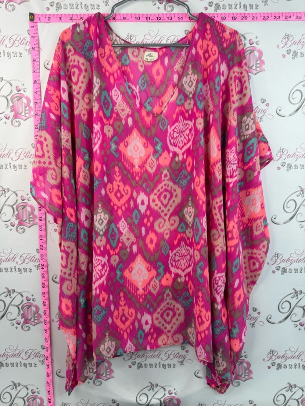 O'Neill coverup dress Aztec neon bright Pink Multicolor Ikat V-Neck Kimono Top